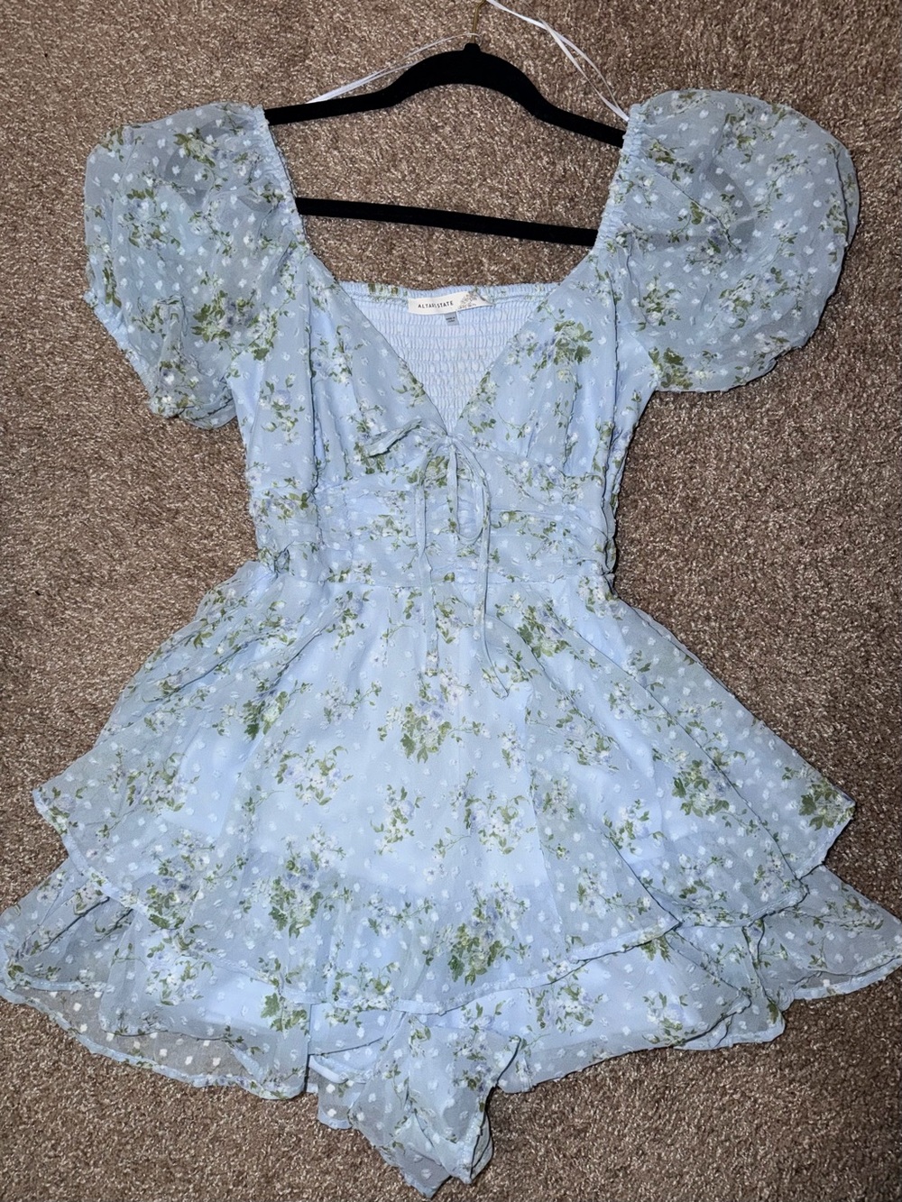 Altar'd State Light Blue Floral Mini Romper with Puff Sleeves